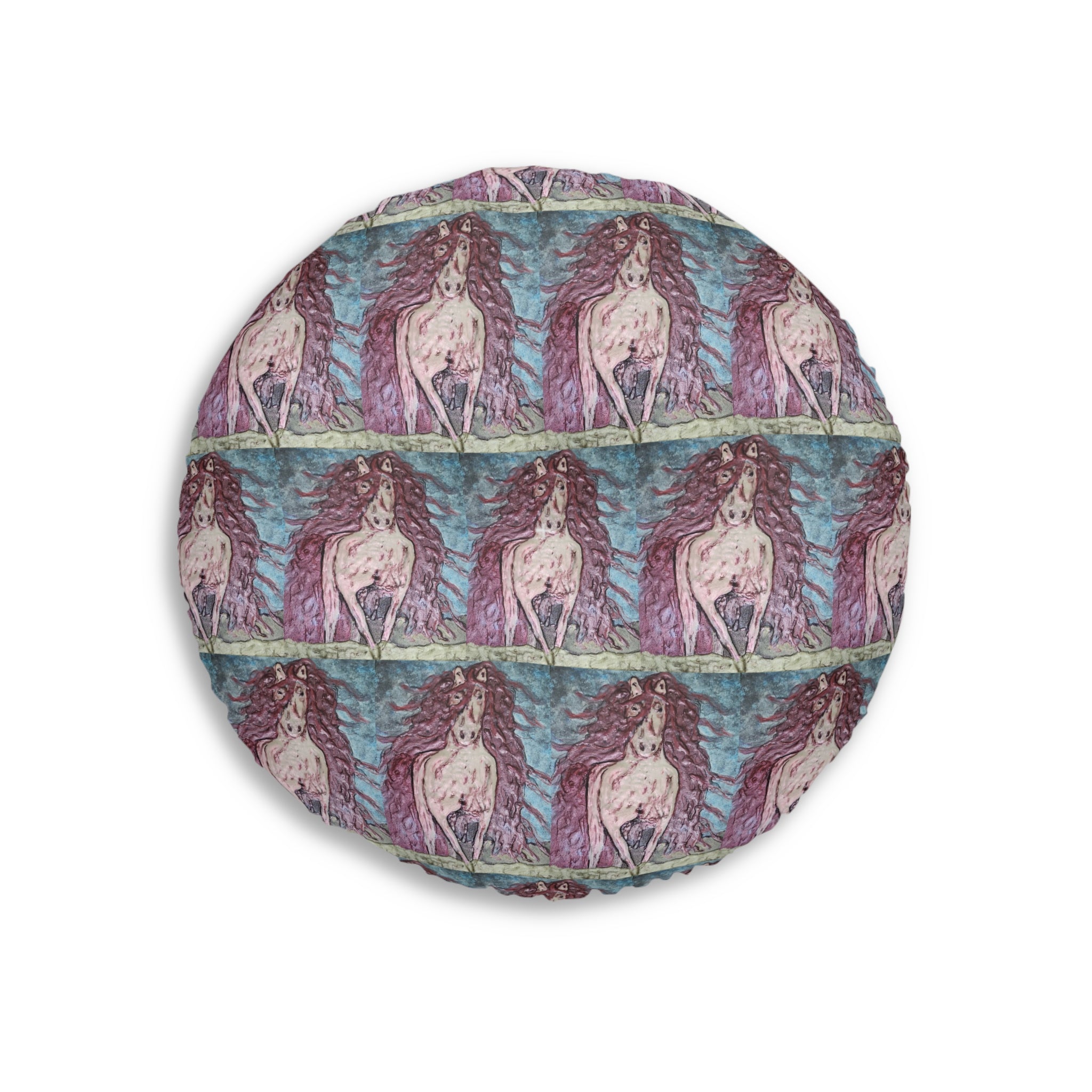 Round Tufted Floor Pillow | Painterly Horse Pattern - Fiery