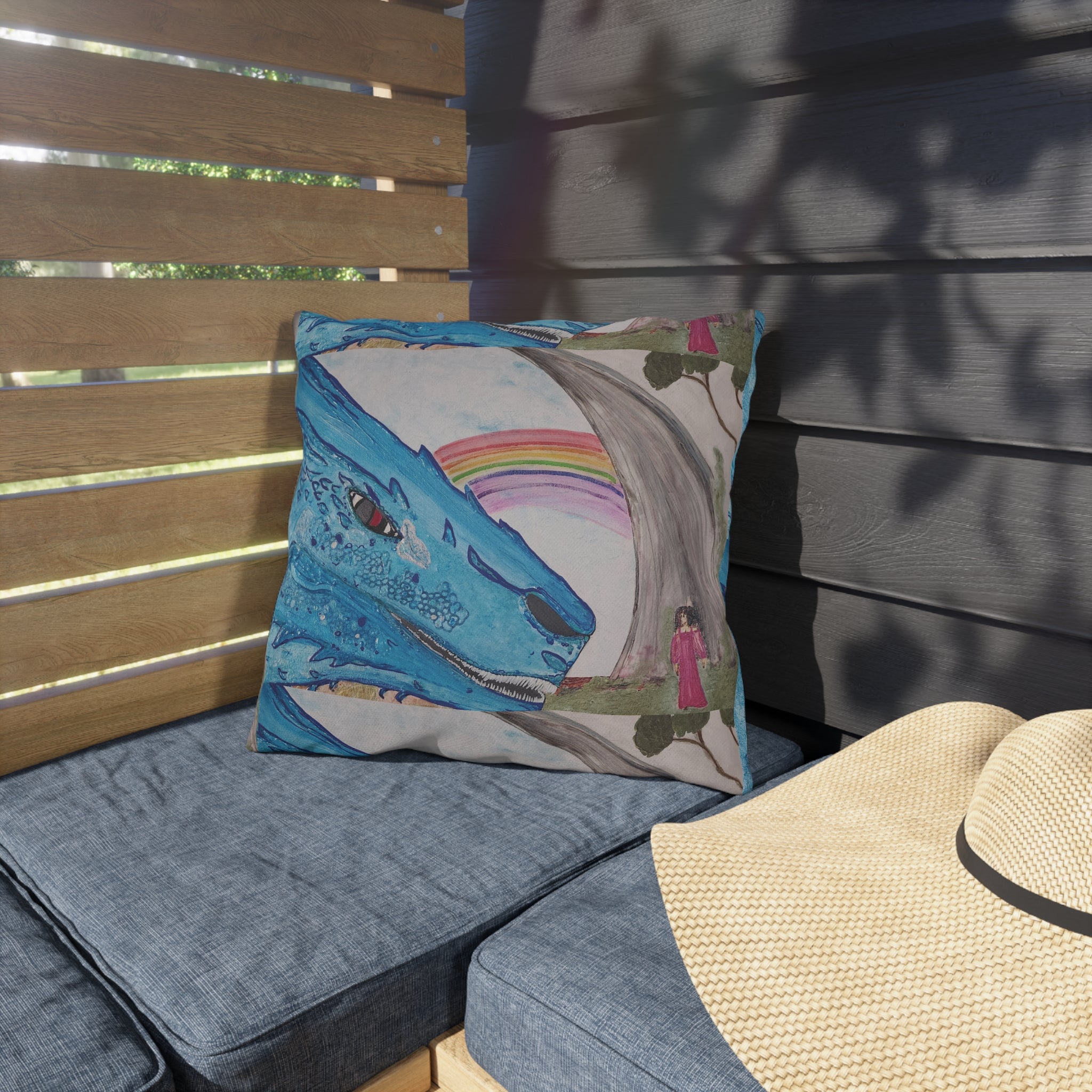 Dragon & Rainbow Outdoor Pillow — Fantasy Garden Decorative Accent