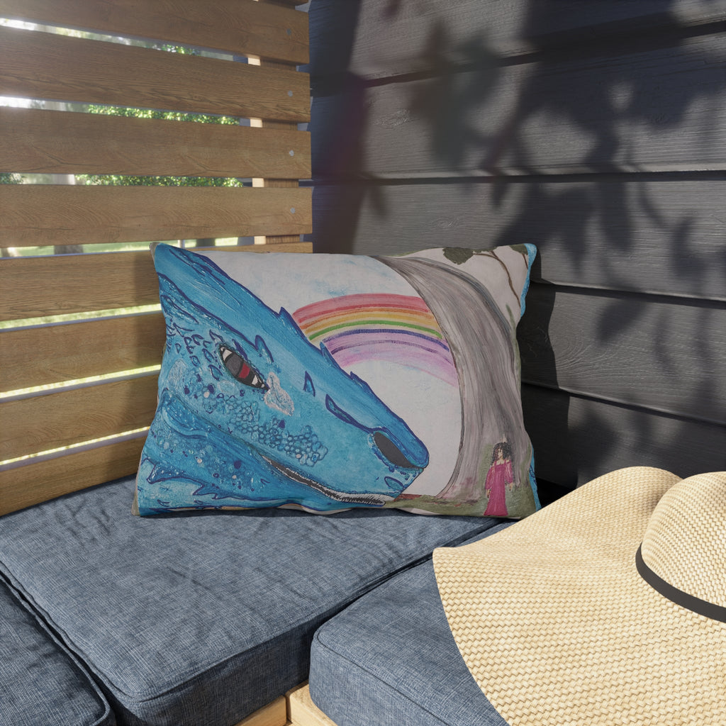 Dragon & Rainbow Outdoor Pillow — Fantasy Garden Decorative Accent