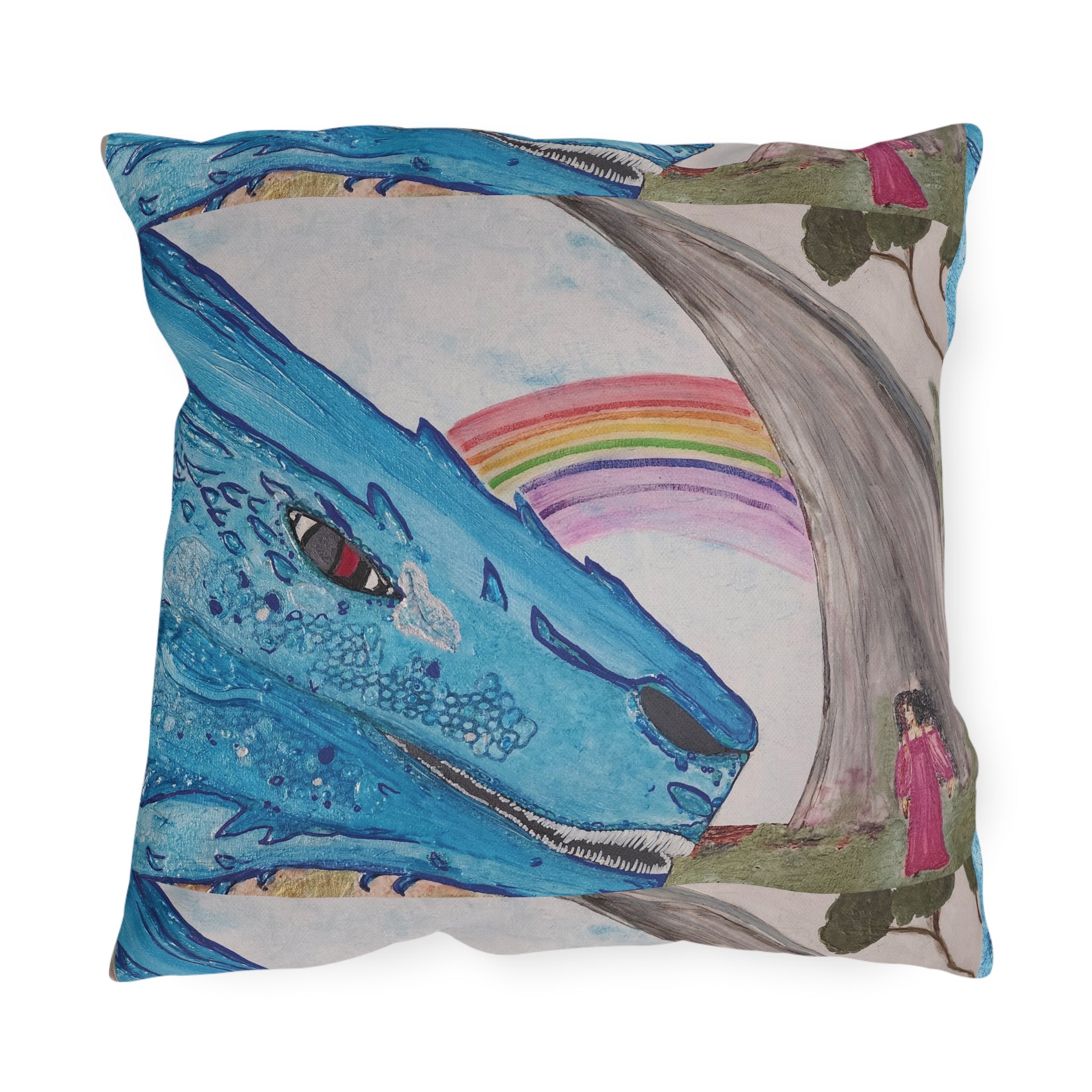 Dragon & Rainbow Outdoor Pillow — Fantasy Garden Decorative Accent