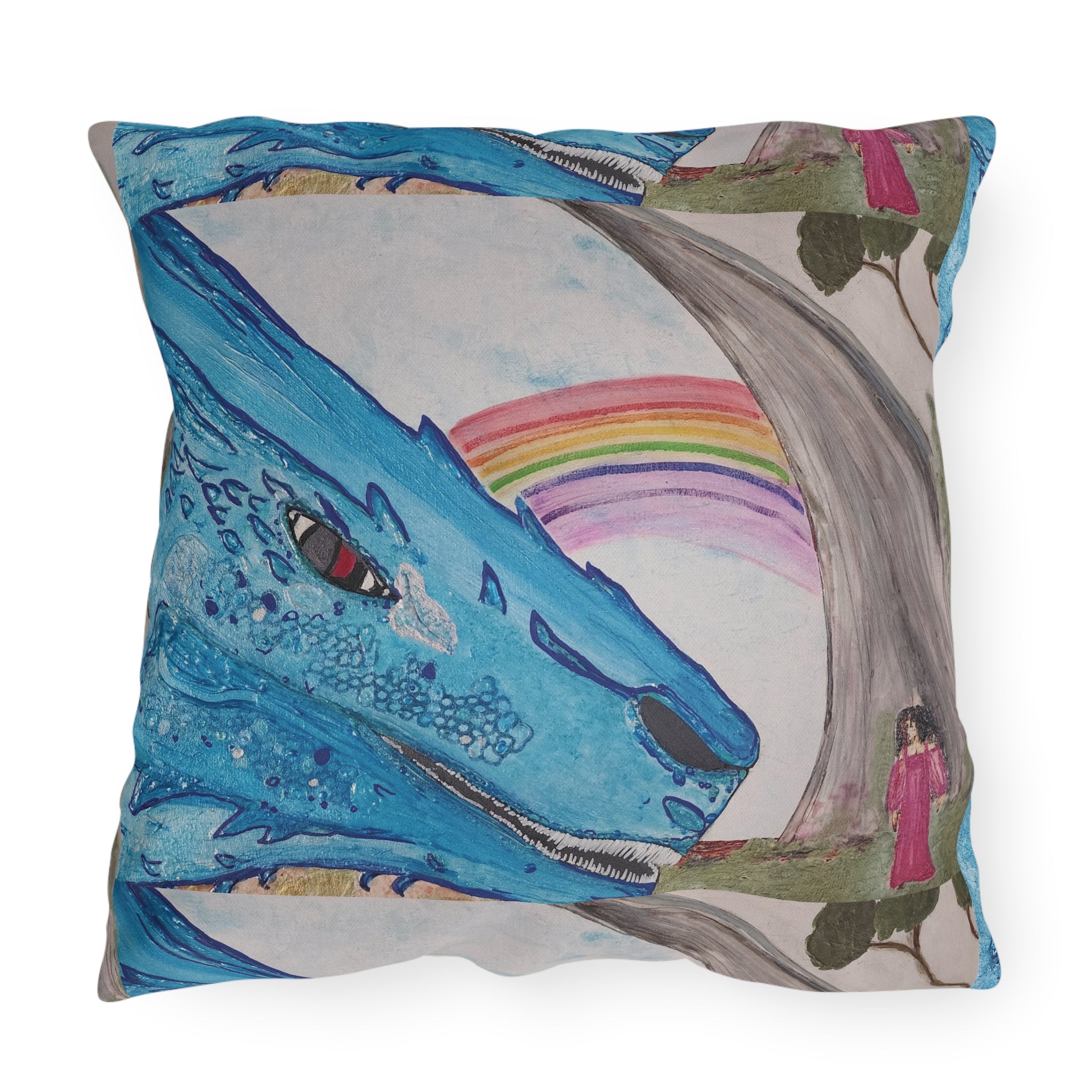 Dragon & Rainbow Outdoor Pillow — Fantasy Garden Decorative Accent