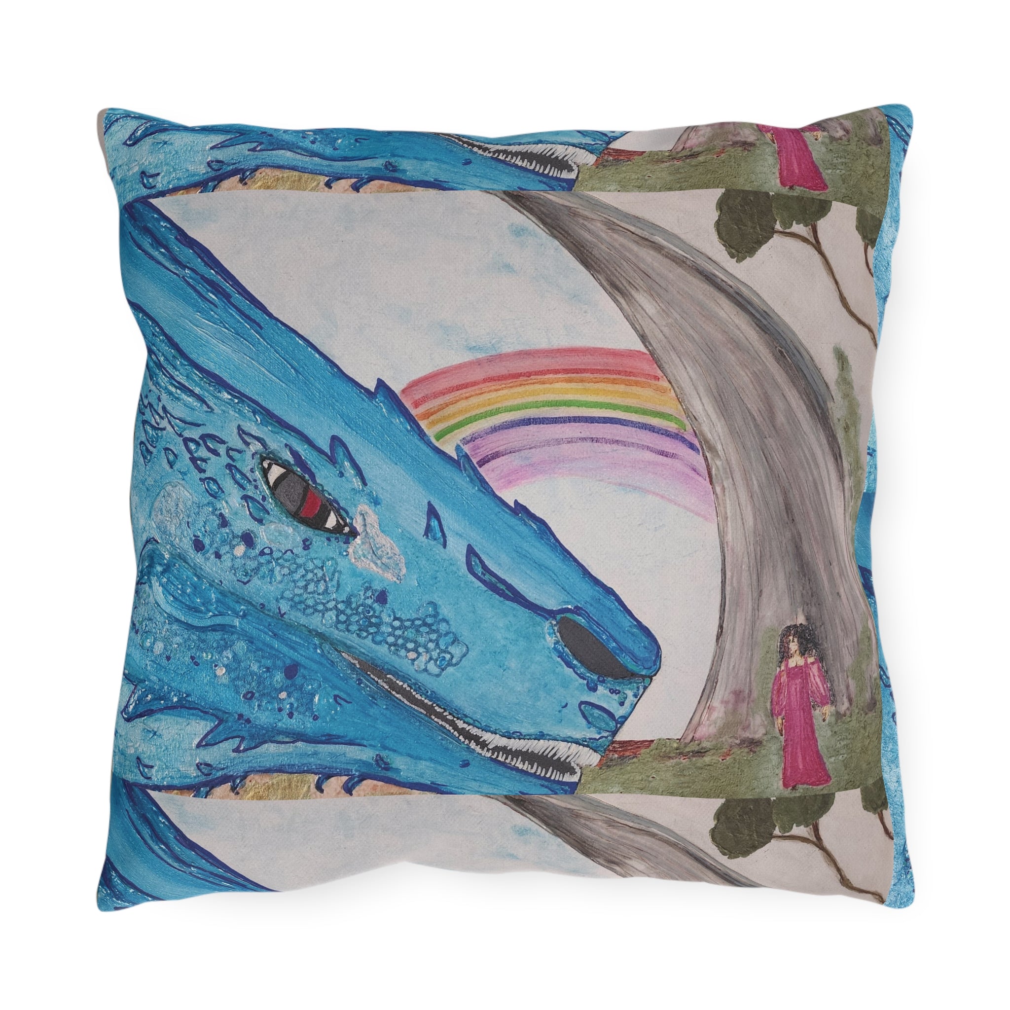 Dragon & Rainbow Outdoor Pillow — Fantasy Garden Decorative Accent