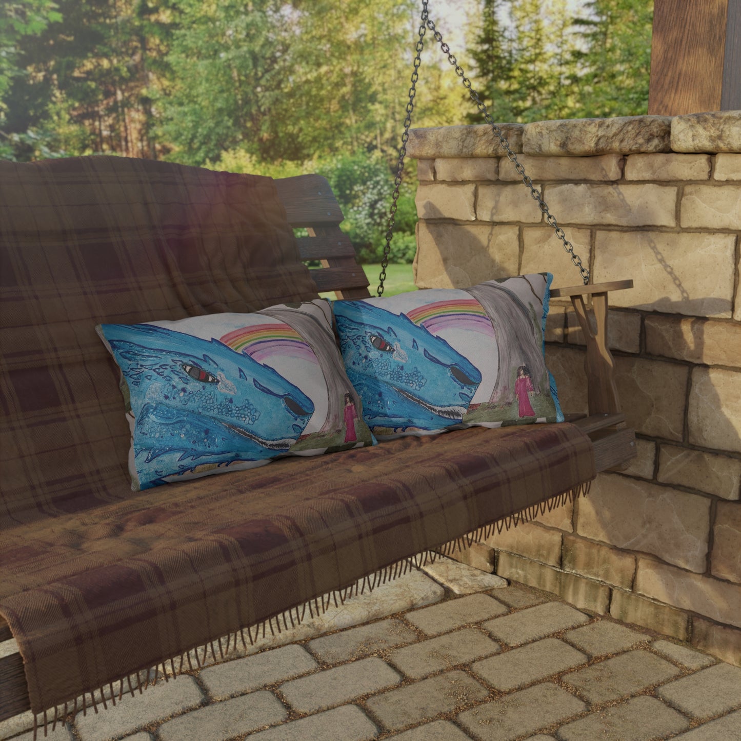 Dragon & Rainbow Outdoor Pillow — Fantasy Garden Decorative Accent
