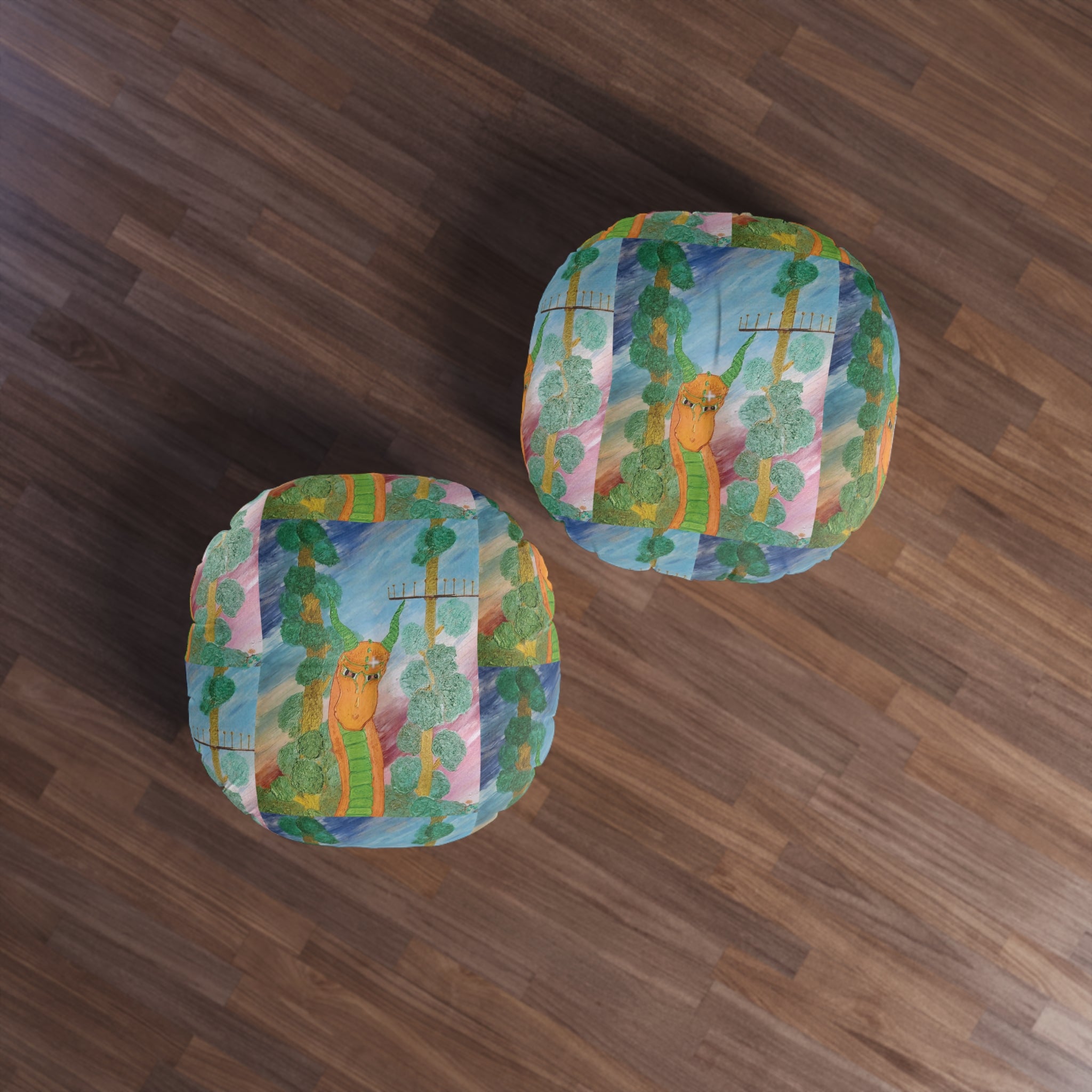 Round Tufted Floor Pillow — Whimsical Forest Snake Illustration