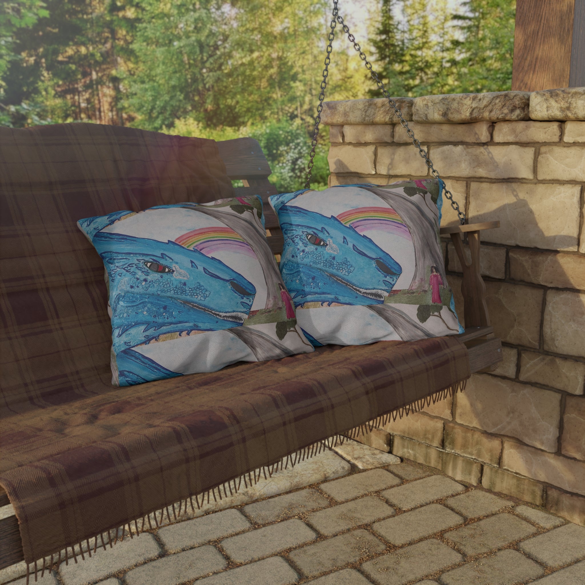 Dragon & Rainbow Outdoor Pillow — Fantasy Garden Decorative Accent
