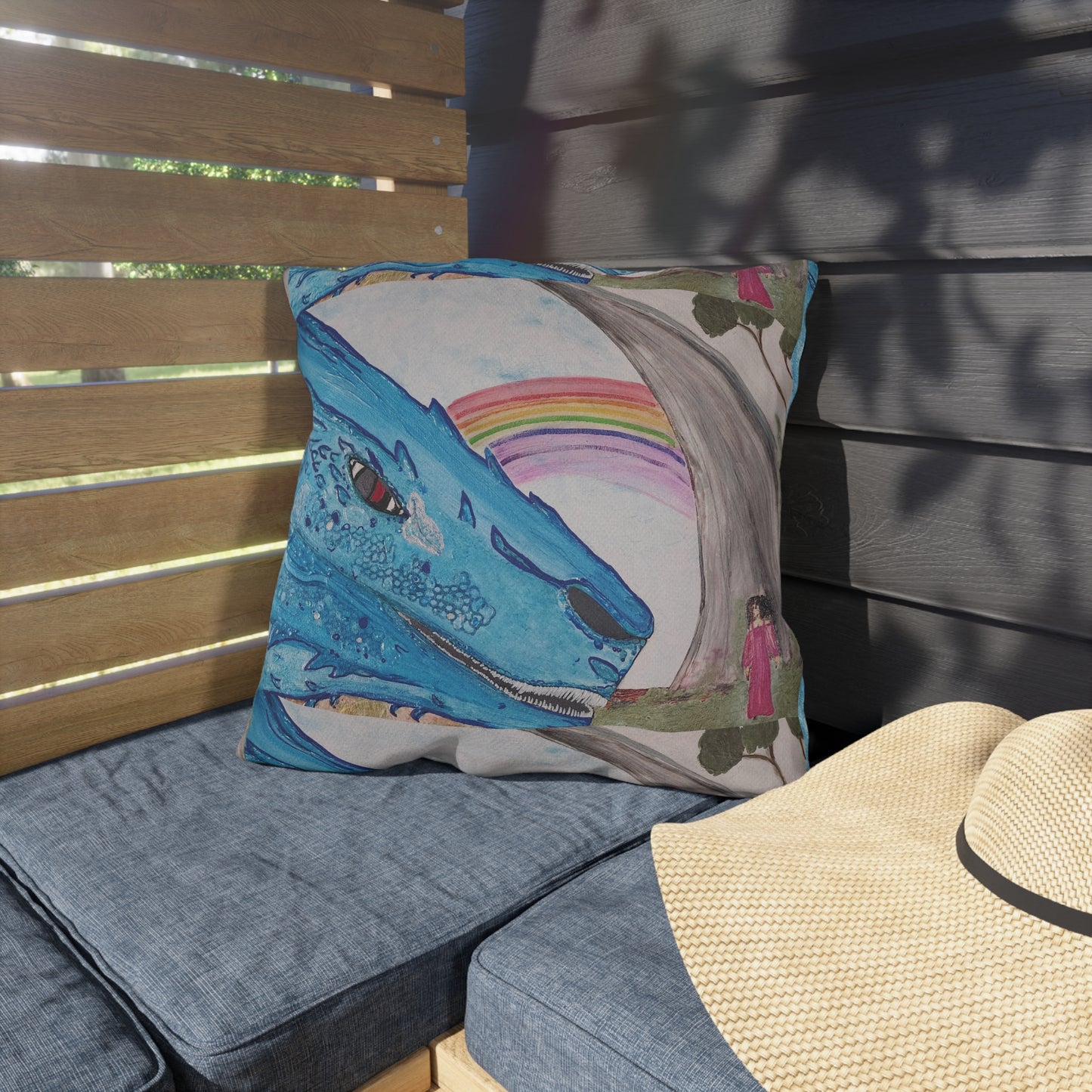 Dragon & Rainbow Outdoor Pillow — Fantasy Garden Decorative Accent