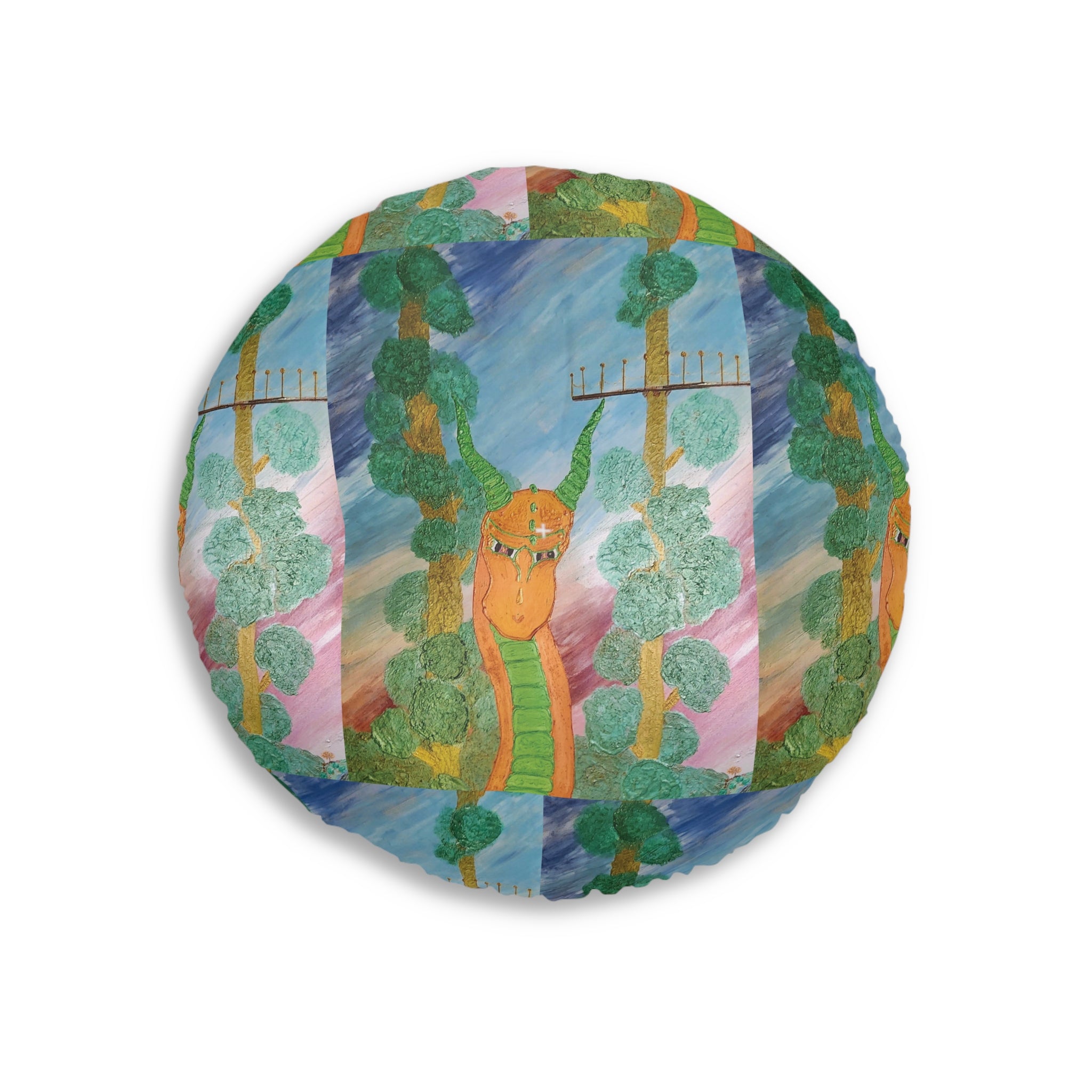 Round Tufted Floor Pillow — Whimsical Forest Snake Illustration