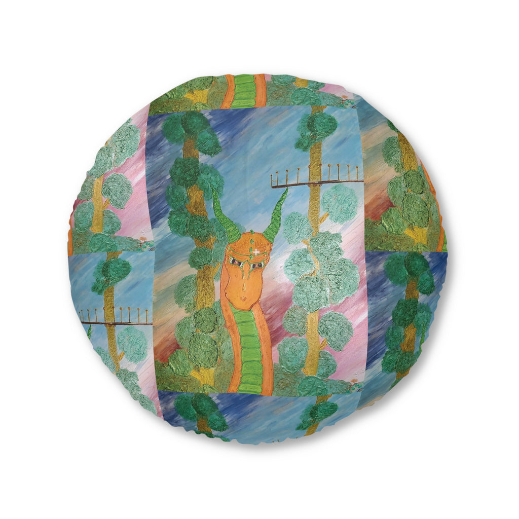 Round Tufted Floor Pillow — Whimsical Forest Snake Illustration