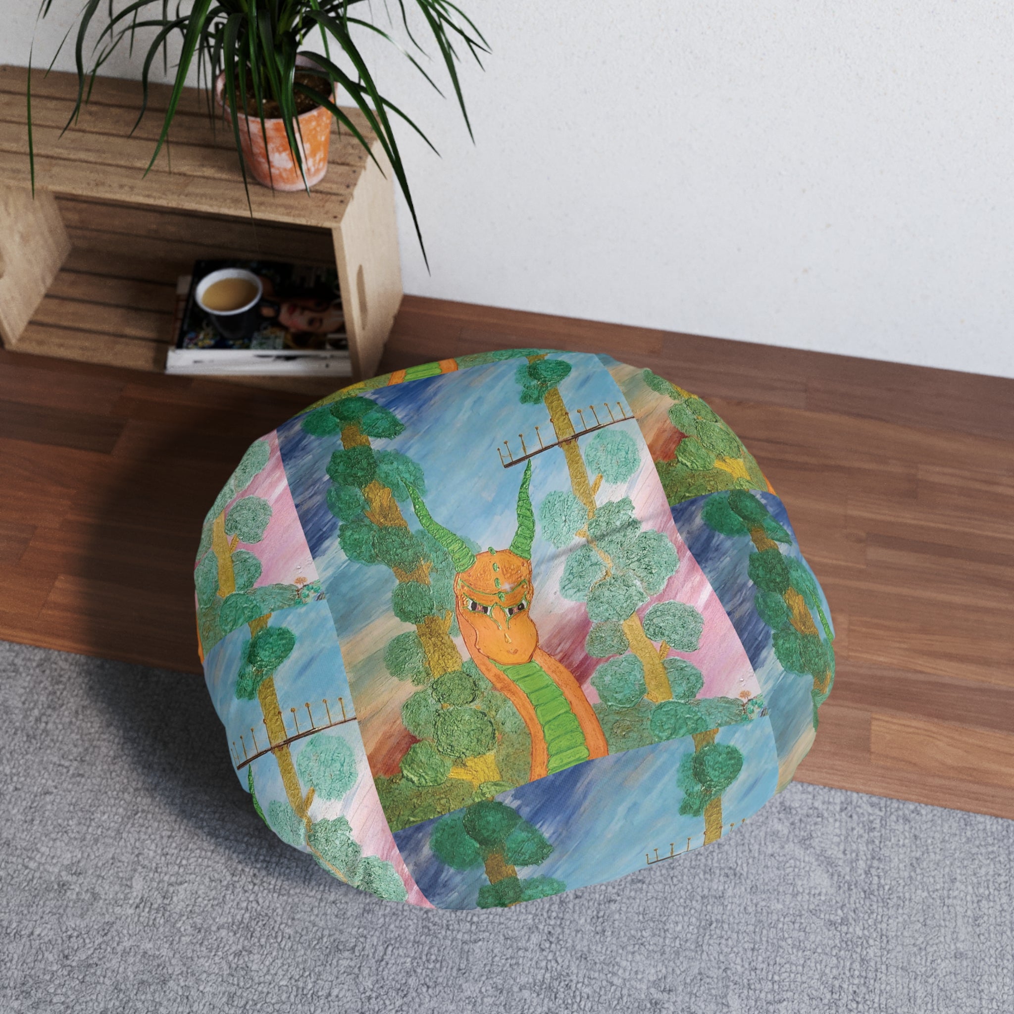 Round Tufted Floor Pillow — Whimsical Forest Snake Illustration
