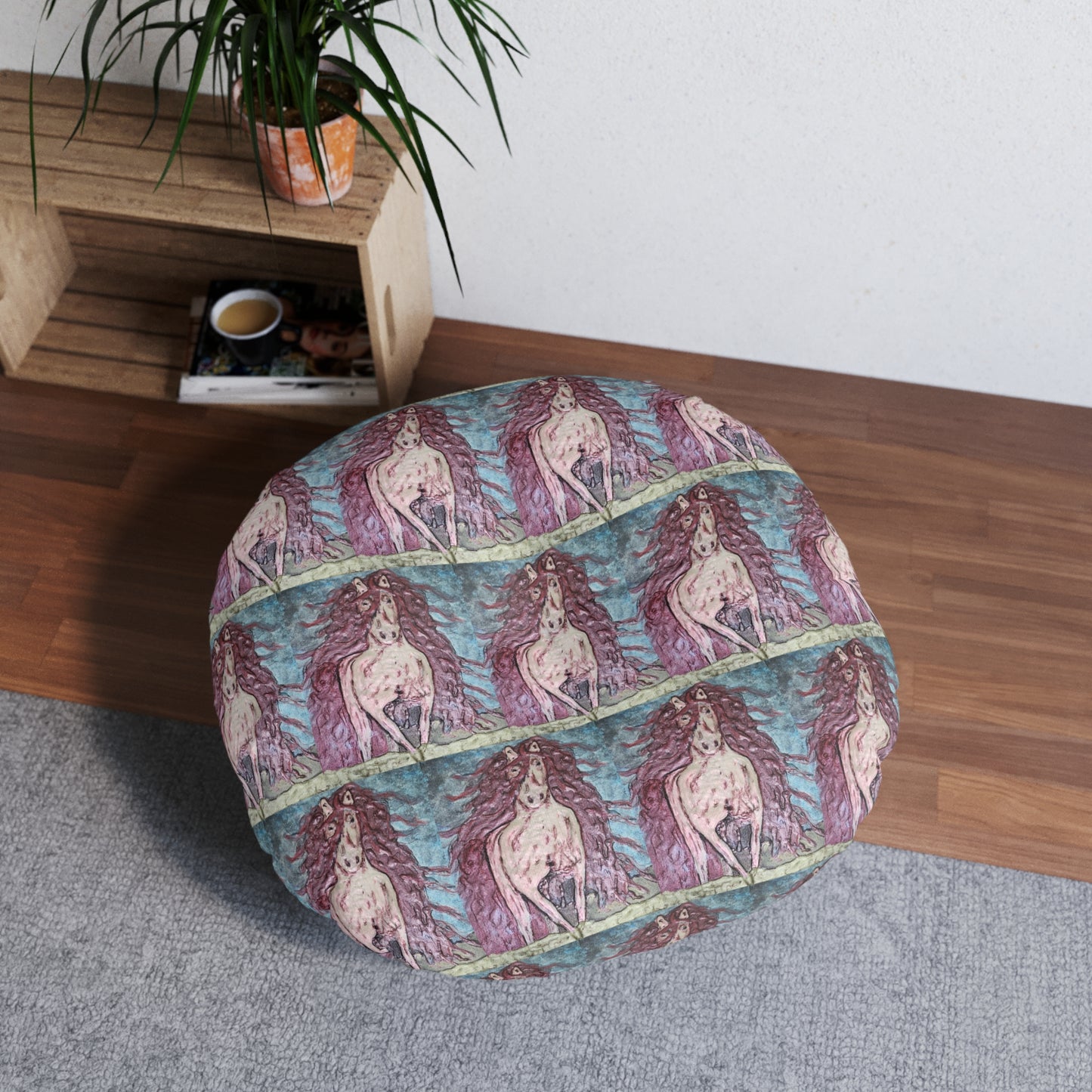 Round Tufted Floor Pillow | Painterly Horse Pattern - Fiery