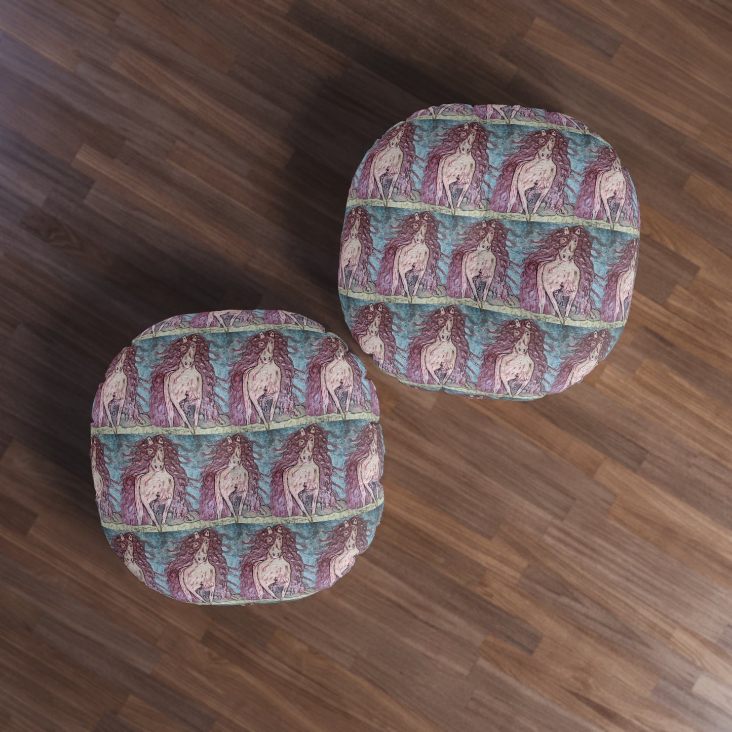 Round Tufted Floor Pillow | Painterly Horse Pattern - Fiery