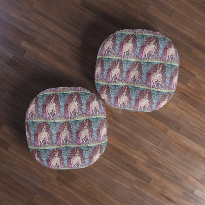 Round Tufted Floor Pillow | Painterly Horse Pattern - Fiery