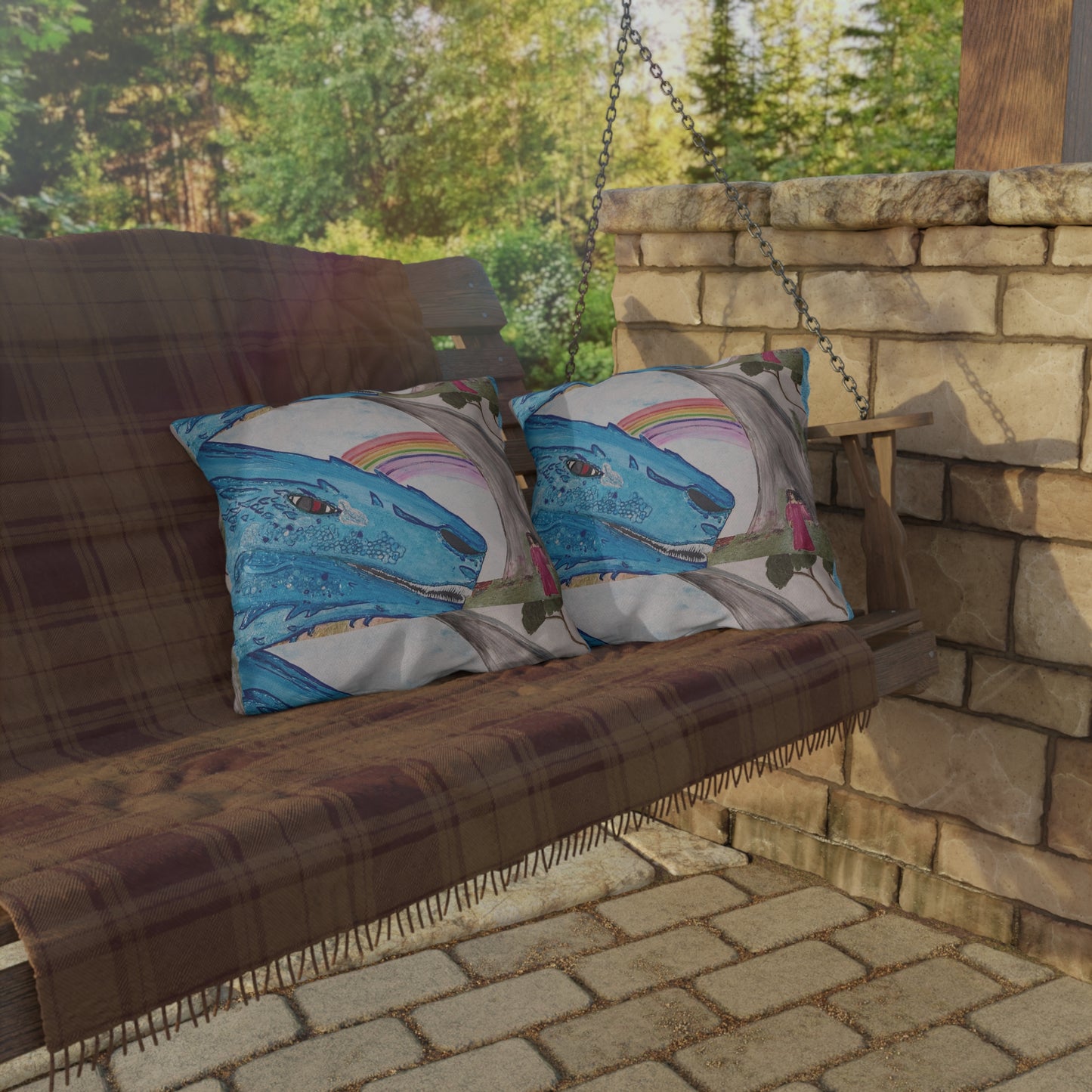Dragon & Rainbow Outdoor Pillow — Fantasy Garden Decorative Accent