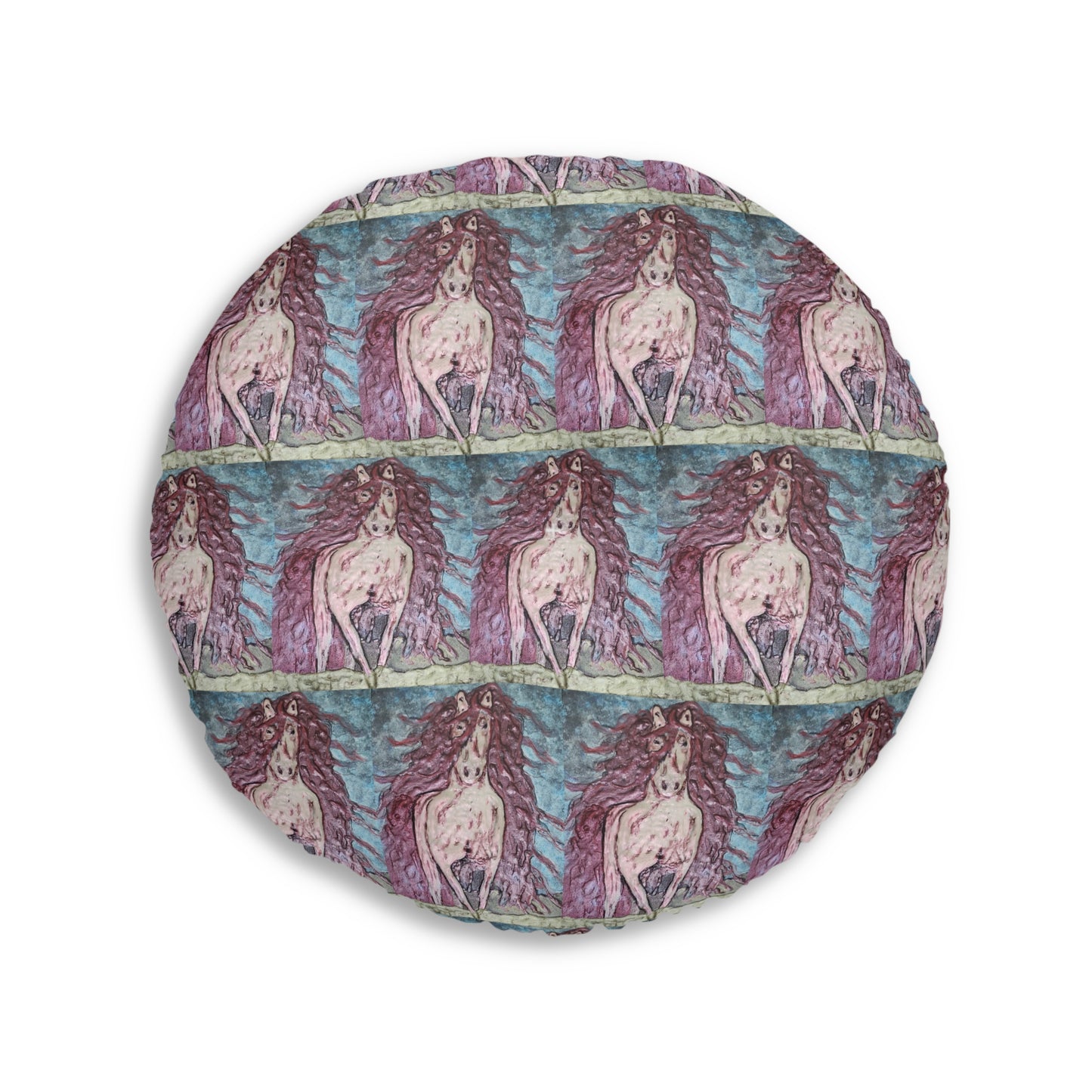 Round Tufted Floor Pillow | Painterly Horse Pattern - Fiery