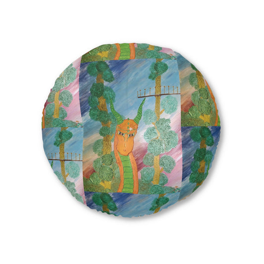 Round Tufted Floor Pillow — Whimsical Forest Snake Illustration