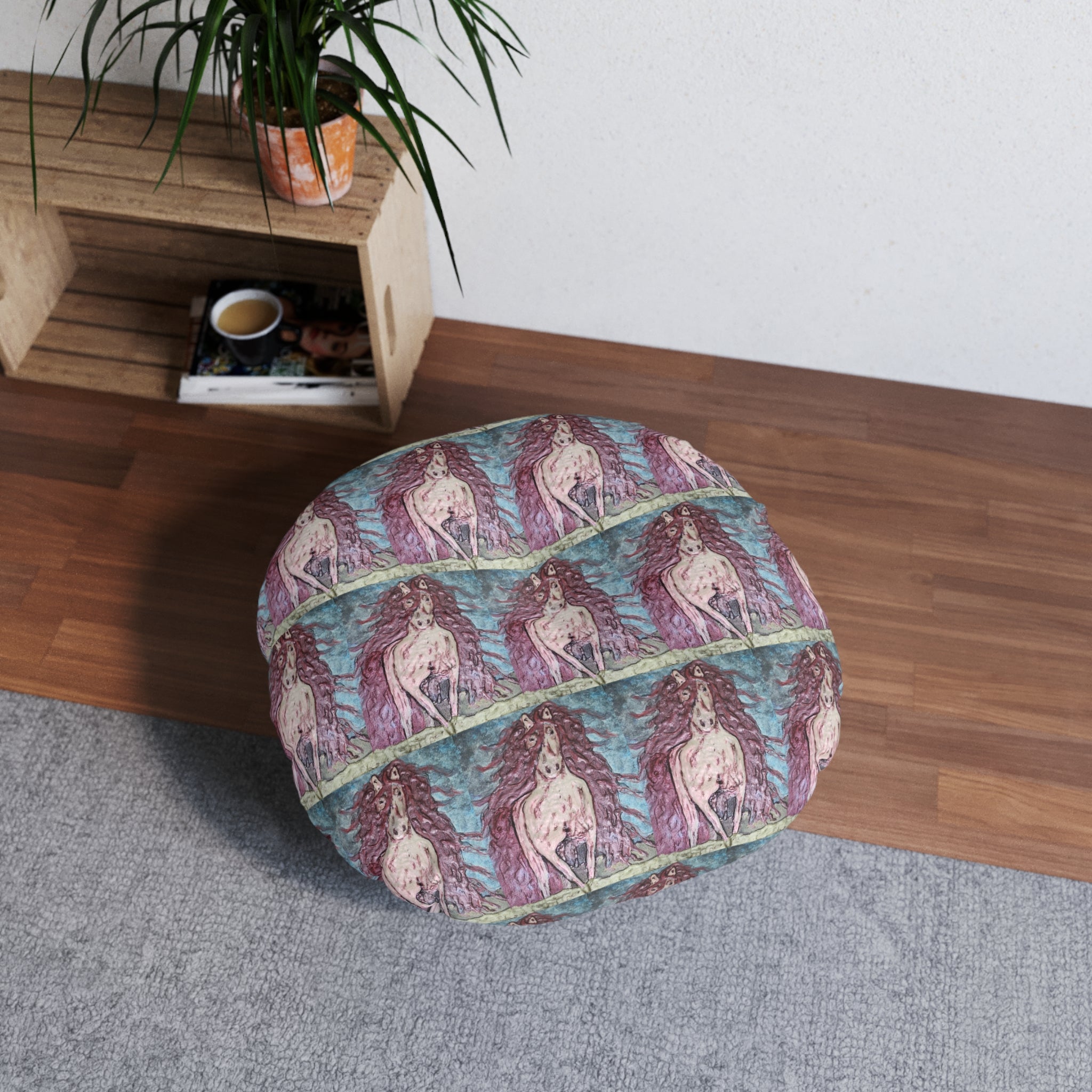 Round Tufted Floor Pillow | Painterly Horse Pattern - Fiery