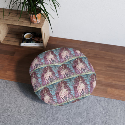 Round Tufted Floor Pillow | Painterly Horse Pattern - Fiery