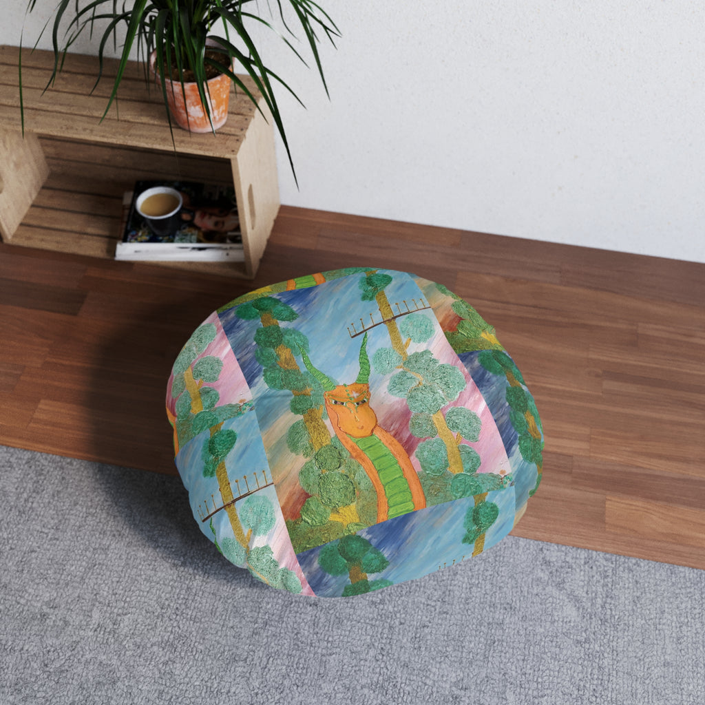 Round Tufted Floor Pillow — Whimsical Forest Snake Illustration
