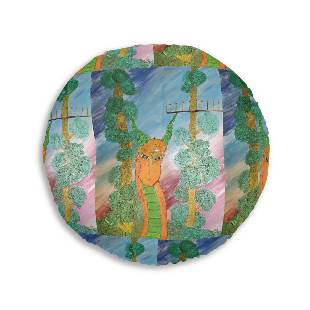 Round Tufted Floor Pillow — Whimsical Forest Snake Illustration