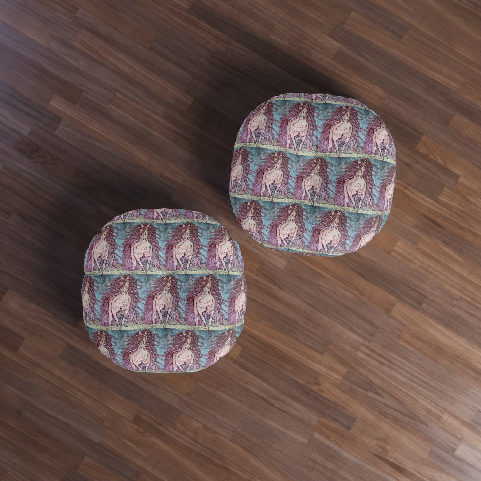 Round Tufted Floor Pillow | Painterly Horse Pattern - Fiery