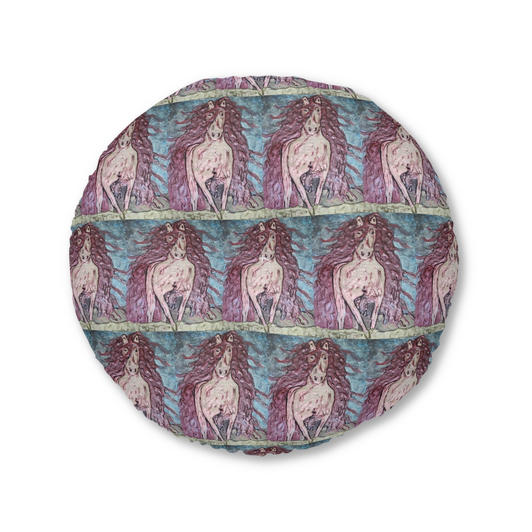 Round Tufted Floor Pillow | Painterly Horse Pattern - Fiery