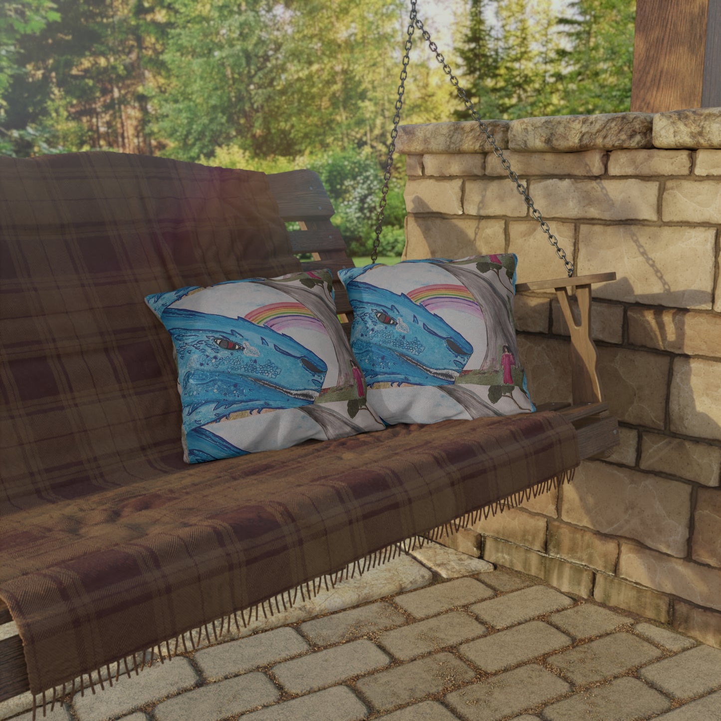 Dragon & Rainbow Outdoor Pillow — Fantasy Garden Decorative Accent