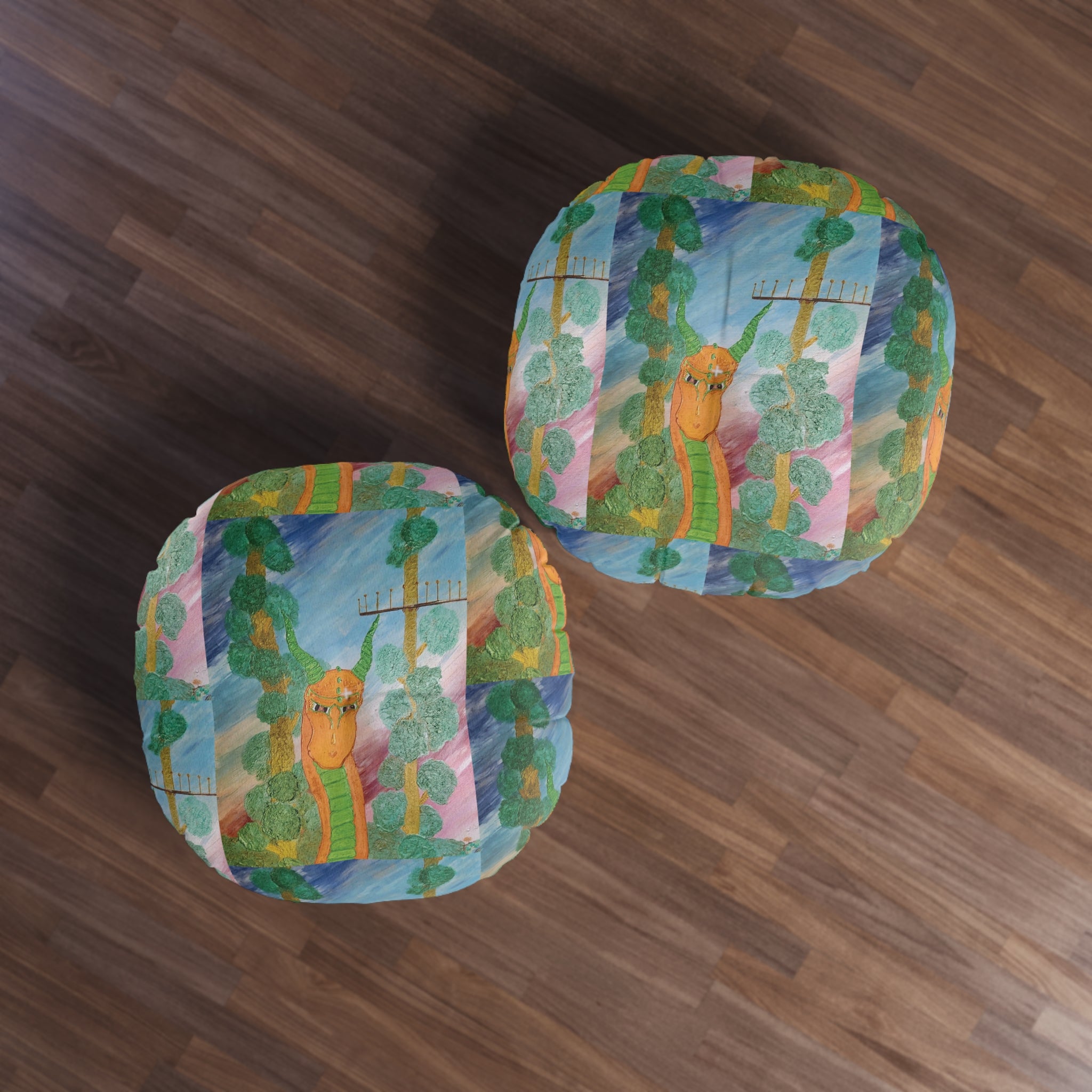 Round Tufted Floor Pillow — Whimsical Forest Snake Illustration