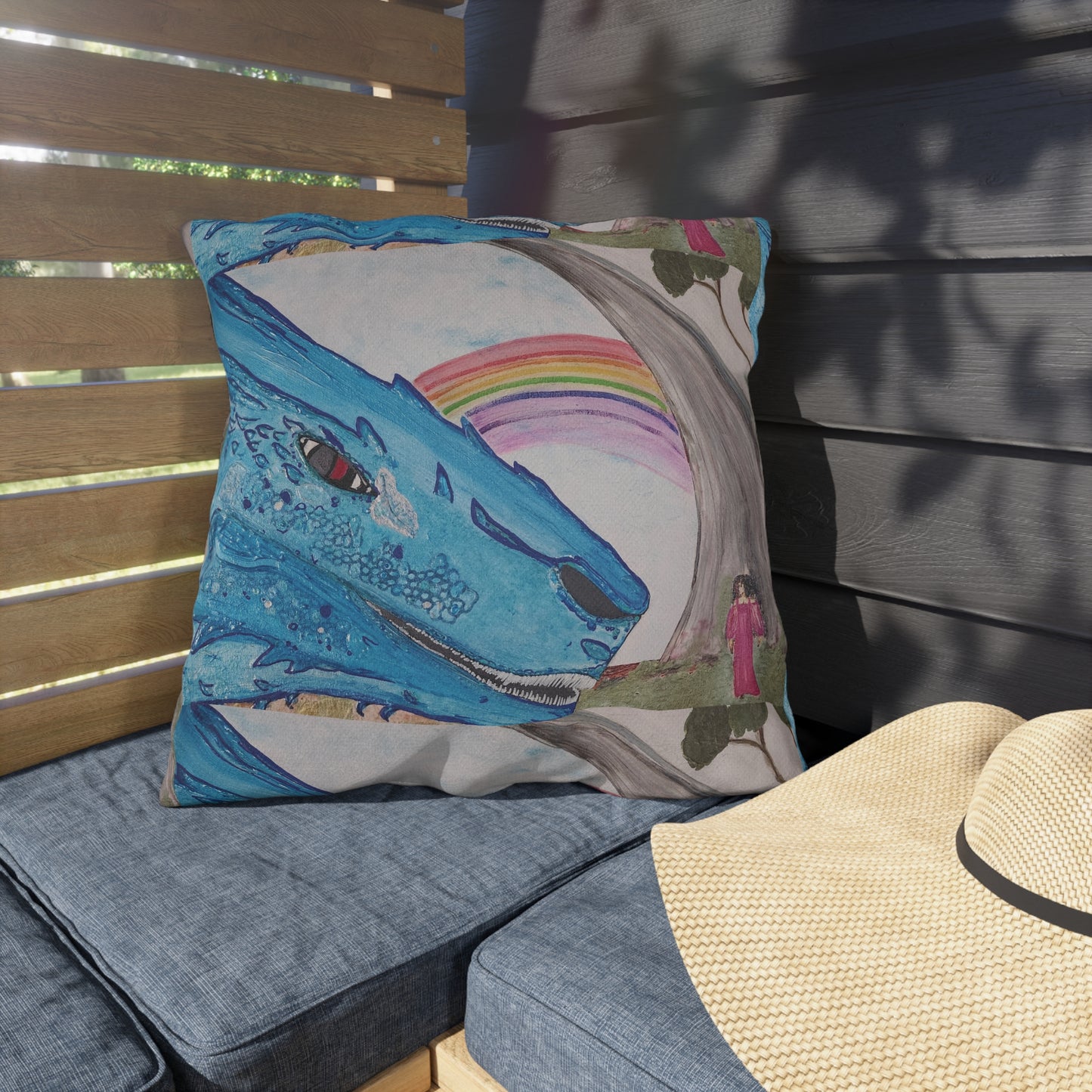 Dragon & Rainbow Outdoor Pillow — Fantasy Garden Decorative Accent