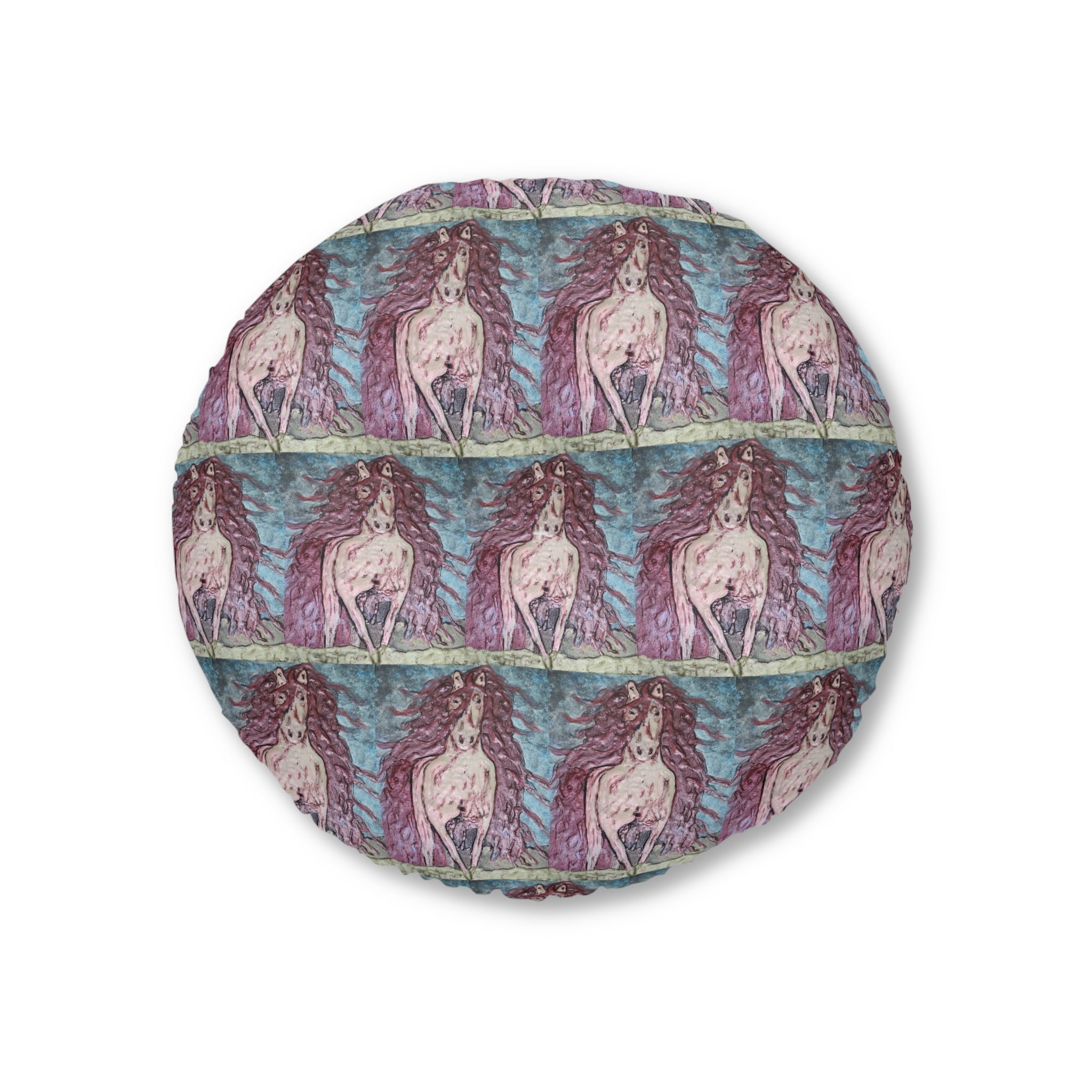 Round Tufted Floor Pillow | Painterly Horse Pattern - Fiery