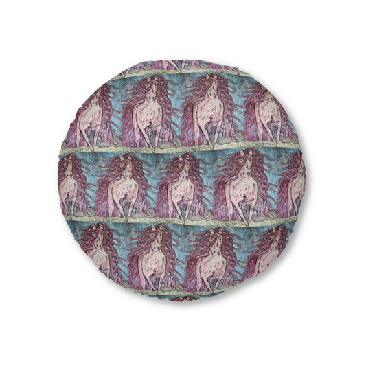 Round Tufted Floor Pillow | Painterly Horse Pattern - Fiery